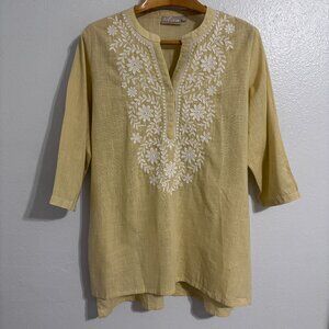 Utsa Yellow Embroidered Cotton Tunic Top‎ XXL Floral Boho Kurta 3/4 Sleeve